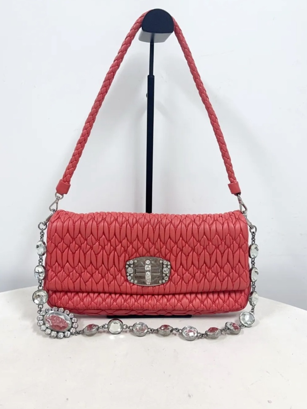 Miu Miu Crystal Cloque Nappa Leather Clutch & Shoulder Bag In Red/Coral - LOVE